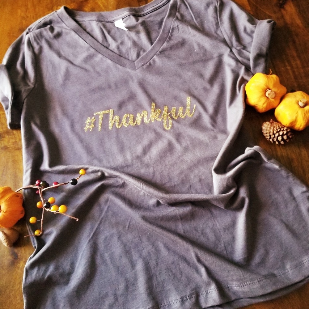 #Thankful Gray V Neck T Shirt